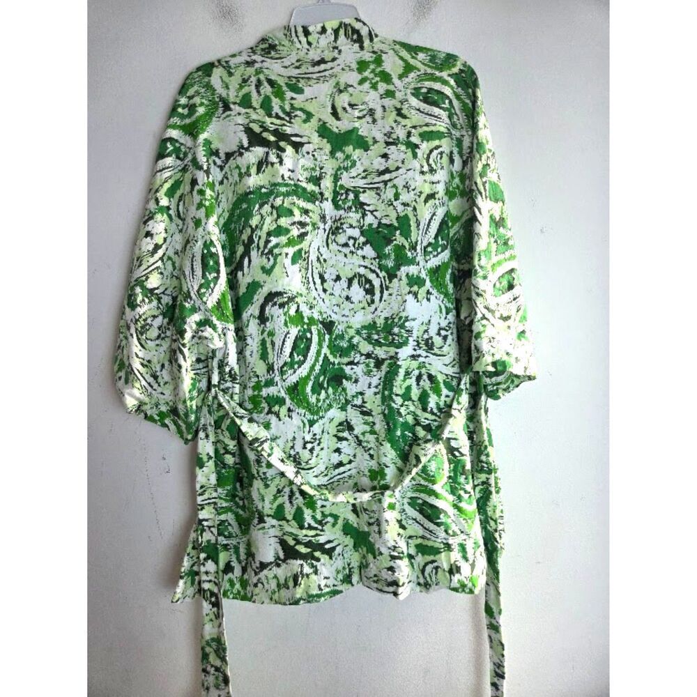 Zara Green White Black Print Linen Blend Bubble Sleeve Tie Front Kimono sz Large - Picture 3 of 8